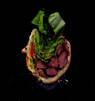 Mooncake: Steak, Peppers, Lettuce, Herbal Mayo on a baguette
