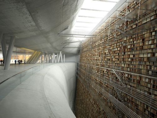 “Wall of Knowledge.” This is a visualised concept for a library in Stockholm. It was rendered by a team of students. (via marbury)